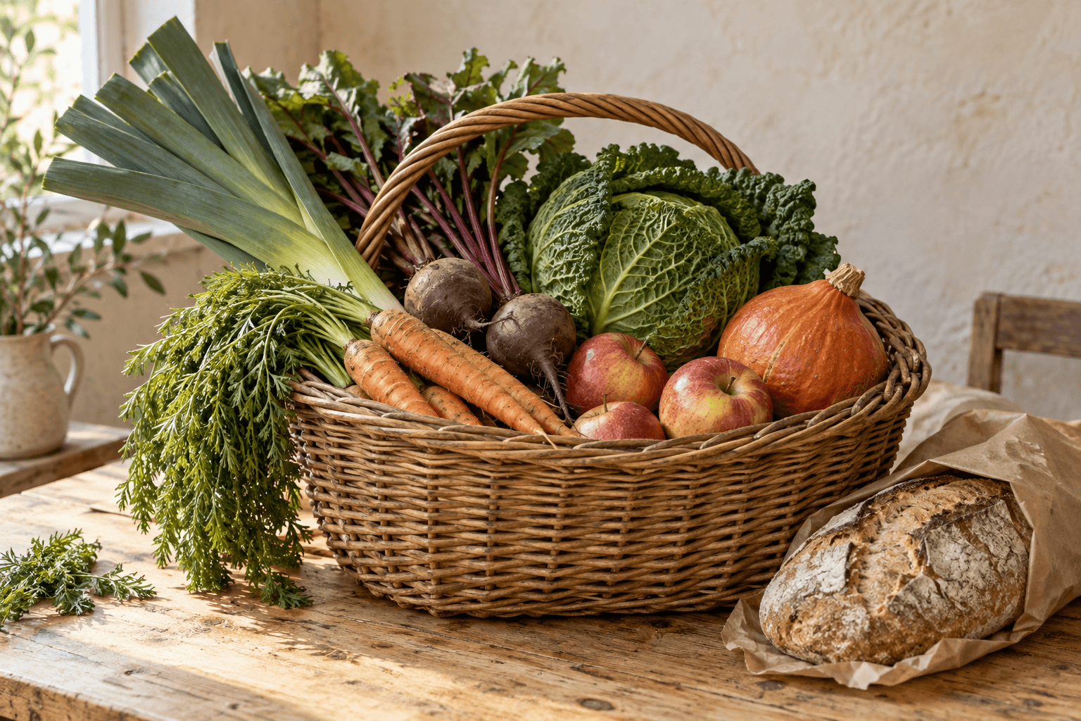 Panier de saison : carottes, poireaux, pommes, chou et pain sur une table en bois